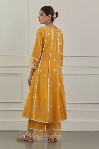 Yellow lurex cotton embroidered anarkali set