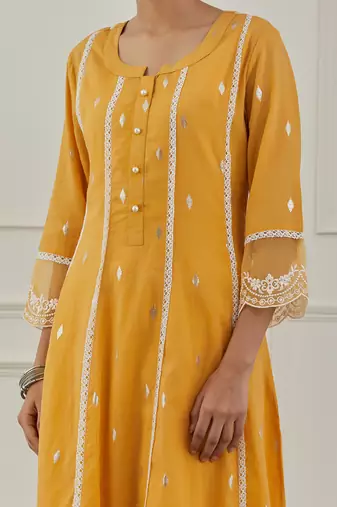 Yellow lurex cotton embroidered anarkali set