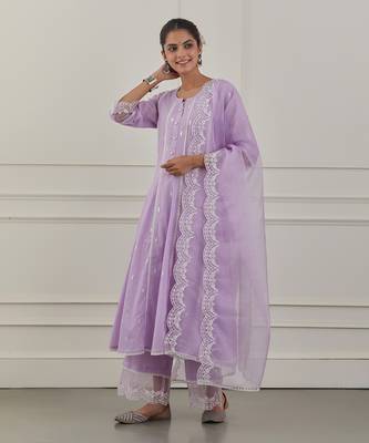 Purple lurex cotton embroidered anarkali set 1