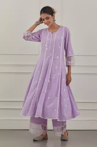 Purple lurex cotton embroidered anarkali set