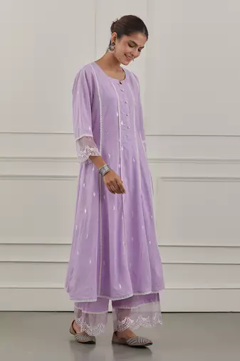 Purple lurex cotton embroidered anarkali set