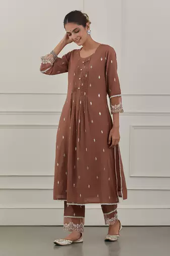 Maroon lurex cotton embroidered kurta set