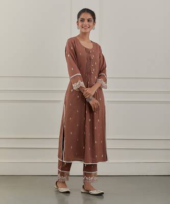 Maroon lurex cotton embroidered kurta set 3
