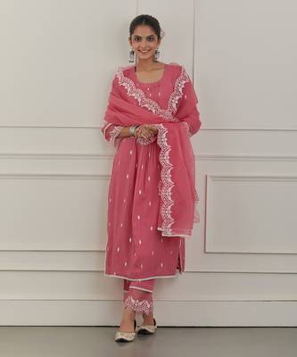 Pink lurex cotton embroidered kurta set 1
