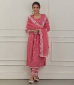 Pink lurex cotton embroidered kurta set