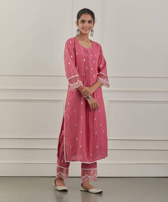 Pink lurex cotton embroidered kurta set 2