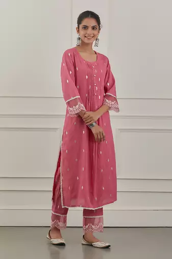 Pink lurex cotton embroidered kurta set