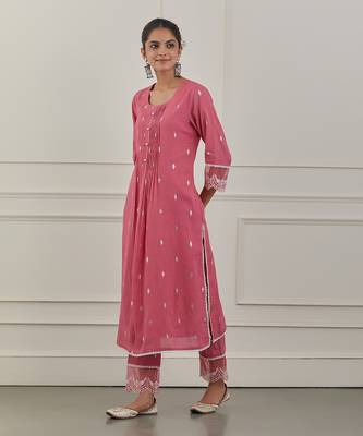 Pink lurex cotton embroidered kurta set 3