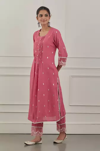 Pink lurex cotton embroidered kurta set