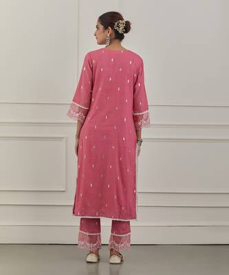 Pink lurex cotton embroidered kurta set 4