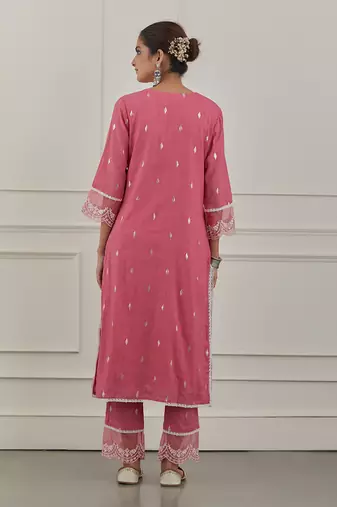 Pink lurex cotton embroidered kurta set