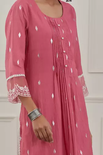 Pink lurex cotton embroidered kurta set
