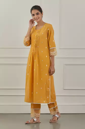 Yellow lurex cotton embroidered kurta set