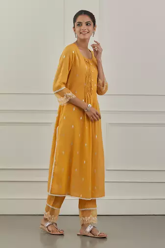Yellow lurex cotton embroidered kurta set