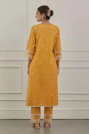 Yellow lurex cotton embroidered kurta set
