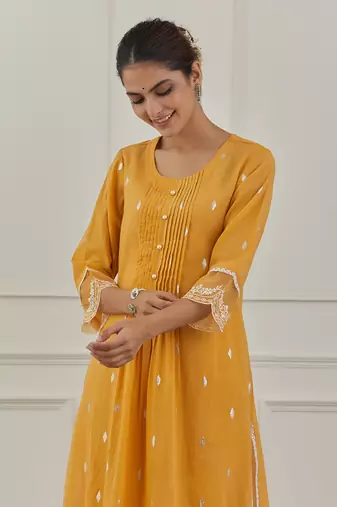 Yellow lurex cotton embroidered kurta set