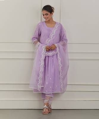 Purple lurex cotton embroidered kurta set 1