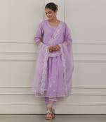 Purple lurex cotton embroidered kurta set
