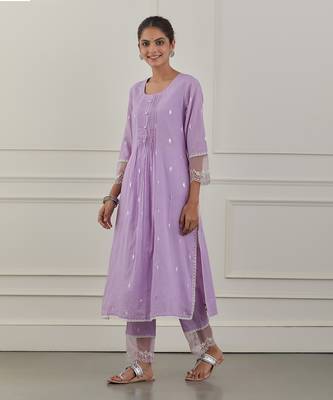 Purple lurex cotton embroidered kurta set 2