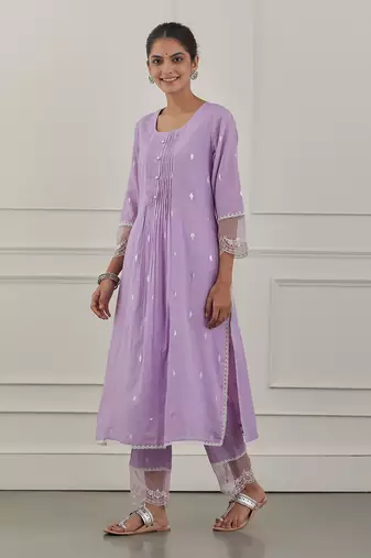 Purple lurex cotton embroidered kurta set