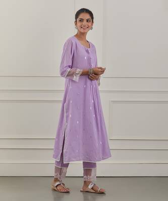 Purple lurex cotton embroidered kurta set 3