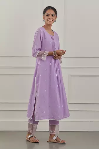 Purple lurex cotton embroidered kurta set