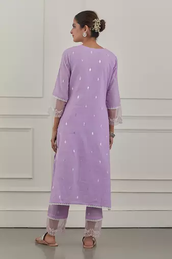 Purple lurex cotton embroidered kurta set