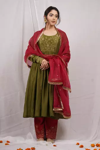 Green silk chanderi embroidered anarkali set