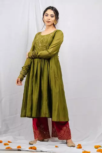 Green silk chanderi embroidered anarkali set