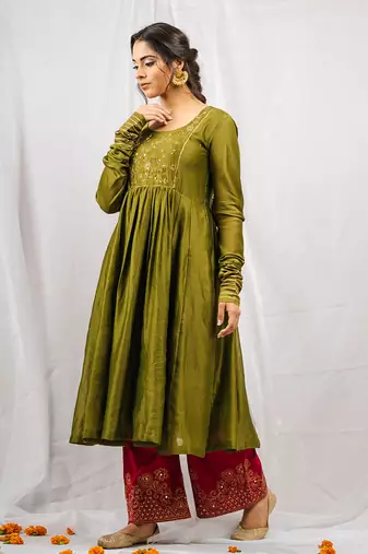 Green silk chanderi embroidered anarkali set