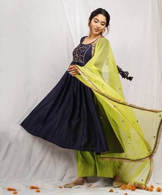 Navy blue silk chanderi embroidered anarkali set 1