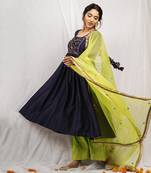 Navy blue silk chanderi embroidered anarkali set