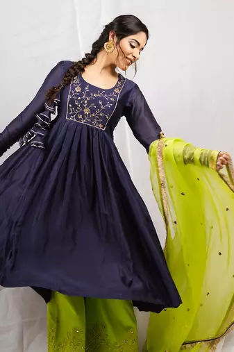 Navy blue silk chanderi embroidered anarkali set