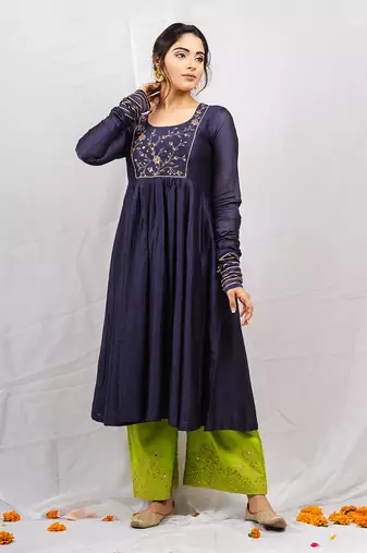 Navy blue silk chanderi embroidered anarkali set