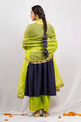 Navy blue silk chanderi embroidered anarkali set