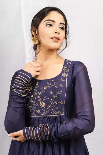 Navy blue silk chanderi embroidered anarkali set