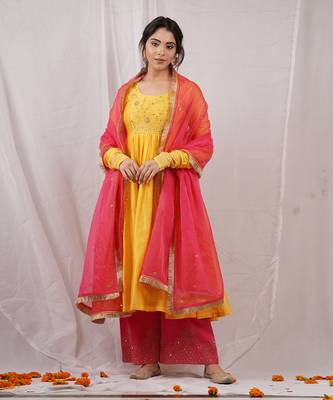 Yellow silk chanderi embroidered anarkali set 1