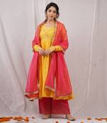 Yellow silk chanderi embroidered anarkali set