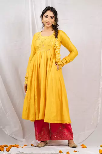 Yellow silk chanderi embroidered anarkali set
