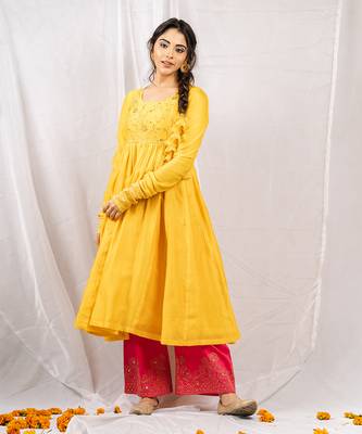 Yellow silk chanderi embroidered anarkali set 3