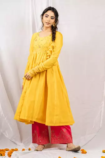 Yellow silk chanderi embroidered anarkali set