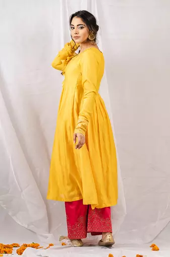 Yellow silk chanderi embroidered anarkali set