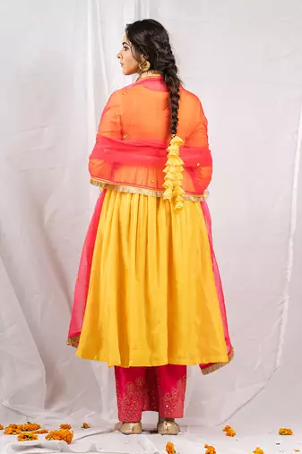 Yellow silk chanderi embroidered anarkali set