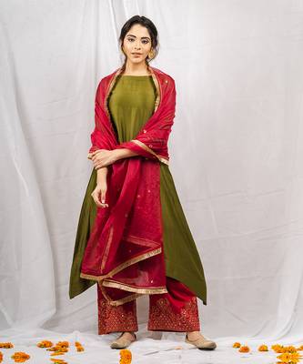 Olive green embroidered a-line kurta set 1
