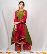 Olive green embroidered a-line kurta set