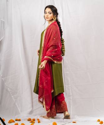 Olive green embroidered a-line kurta set 2