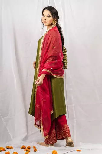 Olive green embroidered a-line kurta set