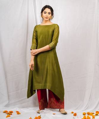 Olive green embroidered a-line kurta set 3