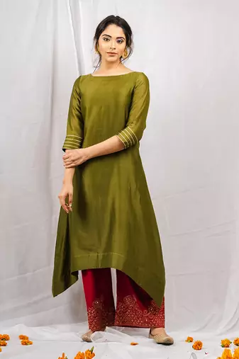 Olive green embroidered a-line kurta set