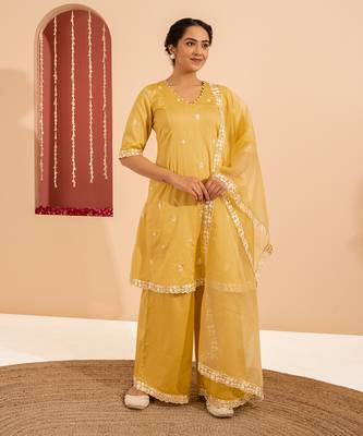 Yellow cotton silk embroidered kurta set 1